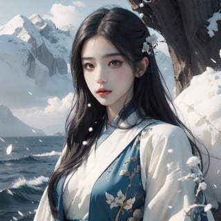 Extreme detailed, Realistic, solo, official art, extremely detailed, Extreme Realistic, , close up portrait, wide angle, Chinese beautiful teen girl, ((beautifully detailed yellow eyes)), detailed fine nose, upper body, ((wearing extremely detailed luxury white hanfu)), high quality, beautiful high detailed black long straight hair flowing down, snow falling, in a sea of clouds
