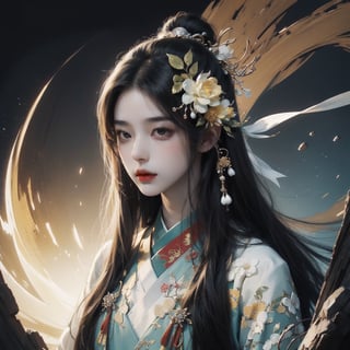 RWA photo, best quality, masterpiece, 8K resolution, Chinese beautiful teen girl, exquisite facial features, wearing white ancient Chinese hanfu,  (black long straight hair flowing down), ((yellow eyes)), close up portrait, wide angle, surreal style, illustration, perfect figure, cinematic texture, soft colors, exquisite details and textures, divine presence, vivid color reflections