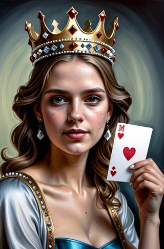 a woman wearing a crown and holding a card, a photorealistic painting by Jan Tengnagel, behance, video art, behance hd, detailed painting, airbrush art