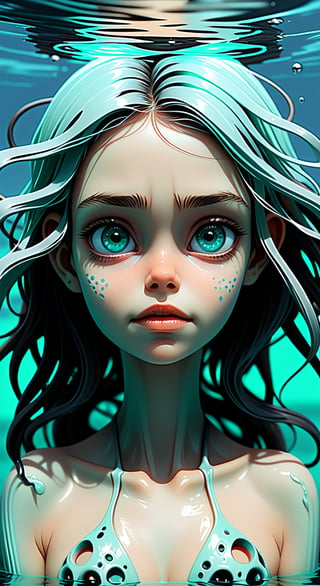 Girl in the ocean. close-up. colors: azure, mint. digital, art. In the style of Hans Rudolf Giger + Hayao Miyazaki, professional photography. 64k