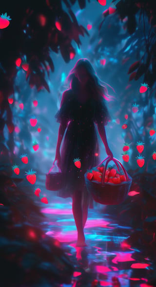 Black fantasy+glitter graphics+opal scattering+white neon. a beautiful girl walks barefoot through a clearing and collects strawberries in a basket. Kilian effect.