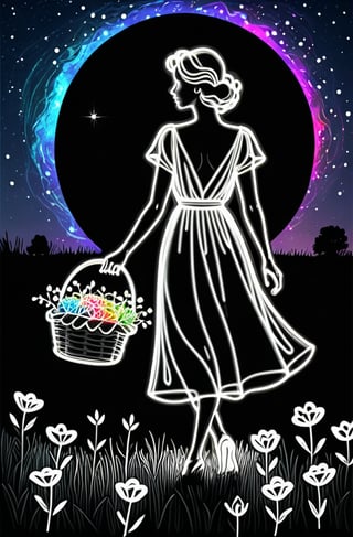 White neon outline of a transparent female silhouette in a dress walking through a meadow with a basket of flowers against the backdrop of the universe. sketch. coloring. one line. in the graphic style of V. Shorokhov + Jean Cocteau.