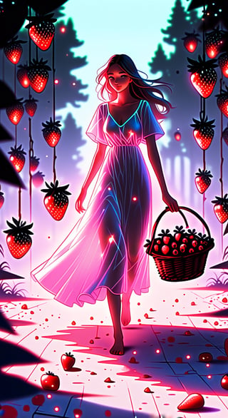 Black fantasy+glitter graphics+opal scattering+white neon. a beautiful girl walks barefoot through a clearing and collects strawberries in a basket. Kilian effect.