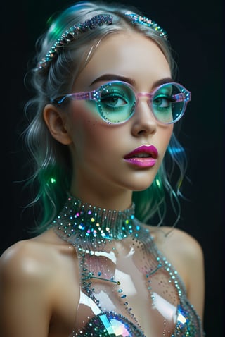 computer portrait of a girl, pink shiny lipstick, green eyes, hyper long eyelash extensions, blue transparent glasses with multi-colored glitter, large silver crystals in the air, Rebranding