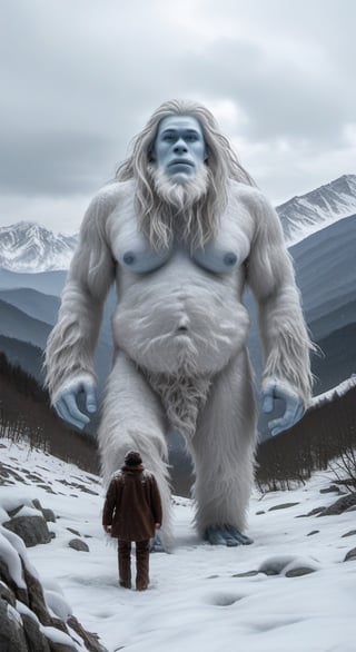 Huge white hairy humanoid yeti, a man-like monkey living in the snowy mountains, it is snowing, strong wind, Everest, long hair, detailed photo, high detail