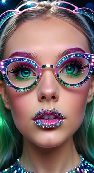 computer portrait of a girl, pink shiny lipstick, green eyes, hyper long eyelash extensions, blue transparent glasses with multi-colored glitter, large silver crystals in the air, Rebranding