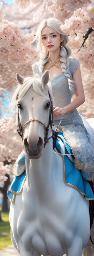 professional photo .a young woman riding a beautiful white horse, looking at the camera, gold+ white dress in Gothic + boho style, The white hair is beautifully braided, , blue eyes. against the backdrop of cherry blossoms.