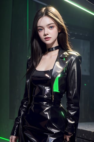 score_9, (Masterpiece), REALISTIC, UHD, vivid colors, 8K, more detail, ultra high_resolution, sharp, (advertisement shot), 1girl, ((She looks like Elle fanning, eyes look like Mila kunis, light smile)), 20yo, ((slicked straight back hair)), symmetrical eyes, detail face feature, well-proportioned body, detailed fabric textures in clothing, she is a supermodel, (Dolce & Gabbana brand fashion collections black dress and leather coat and accessories), (virtual unreal Matrix world dim green neon light CG background)