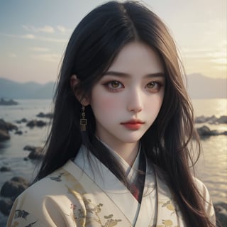 RWA photo, best quality, masterpiece, 8K resolution, beauiful girl, (exquisite facial features: 1.3), wearing white ancient Chinese hanfu, ready for battle, (black long straight hair flowing down), (yellow eyes), close up portrait, looking away, surreal style, illustration, perfect figure, cinematic texture, soft colors, exquisite details and textures, divine presence, vivid color reflections