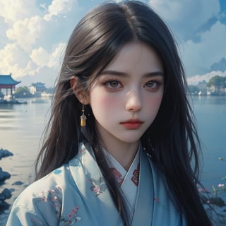 RWA photo, best quality, masterpiece, 8K resolution, beauiful girl, (exquisite facial features: 1.3), wearing white ancient Chinese hanfu, ready for battle, (black long straight hair flowing down), (yellow eyes), close up portrait, looking away, surreal style, illustration, perfect figure, cinematic texture, soft colors, exquisite details and textures, divine presence, vivid color reflections