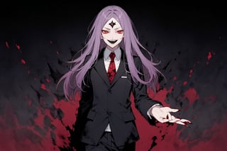 image of entire body of one evil boy, long and straight hair, the boy has a woman face, purple hair with black tips, wearing a black business suit with red tie, black pants, straight bangs in all his entire forehead, his hair covers all his eyebrows, evil smile, red eyes, black lips, spikes teeth with open mouth, holding in the right hand a bloodstained kitchen knife, a luminous quartz devastated night city in the background, all her body are bloodstained,