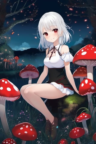 image of entire body, anime girl, flat chested, flat stomach, tiny body, small stature, high quality image, the girl has a very thin body, the girl has short legs, the girl smiles provocatively, the girl has white skin, the girl has very small breasts, The girl is slightly blushing, the girl has little ears, the girl has white hair, the girl has short hair, the girl is posing sexy, the girl is wearing a black leotard, the leotard does not cover her the girl arms or legs, the girl's eyes are bright red, The girl is smiling, the girl is full of spikes on her back, the girl has very marked black eyeliner, the girl's expression is provocative, The background of the image is a garden at night with night lights , the background has luminous mushrooms,