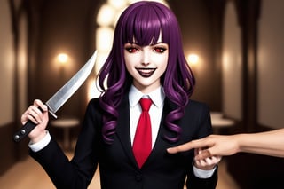 image of entire body of one evil boy, long and straight hair, the boy has a woman face, purple hair with black tips, wearing a black business suit with red tie, black pants, straight bangs in all his forehead, evil smile, red eyes, black lips, spikes teeth with open mouth, holding in the right hand a bloodstained kitchen knife, a luminous quartz devastated night city in the background, all her body are bloodstained,