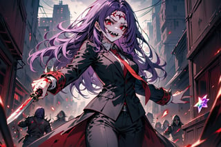 image of entire body of one evil girl, long and straight hair, purple hair with black tips, thin and beautitful face, wearing a black business suit with red tie, black pants, straight bangs in all his forehead, evil smile, red eyes, black lips, spikes teeth with open mouth, holding in the right hand a bloodstained kitchen knife, a luminous quartz devastated night city in the background, all her body are bloodstained,