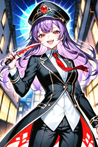 image of entire body of one evil boy, long and straight hair, the boy has a woman face, purple hair with black tips, wearing a black business suit with red tie, black pants, black plate cap in head, straight bangs in all his forehead, evil smile, red eyes, black lips, spikes teeth with open mouth, holding in the right hand a bloodstained kitchen knife, a luminous quartz devastated night city in the background, all her body are bloodstained,