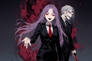 image of entire body of one evil boy, long and straight hair, the boy has a woman face, purple hair with black tips, wearing a black business suit with red tie, black pants, straight bangs in all his entire forehead, his hair covers all his eyebrows, evil smile, red eyes, black lips, spikes teeth with open mouth, holding in the right hand a bloodstained kitchen knife, a luminous quartz devastated night city in the background, all her body are bloodstained,