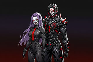 image of entire body of one evil boy, long and straight hair, the boy has a woman face, purple hair with black tips, wearing a black business suit with red tie, black pants, fringe on the forehead that covers all her eyebrows, evil smile, red eyes, black lips, spikes teeth with open mouth, holding in the right hand a bloodstained kitchen knife, a luminous quartz devastated night city in the background, all her body are bloodstained,