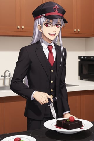 image of entire body of one evil boy, long and straight hair, the boy has a woman face, purple hair with black tips, wearing a black business suit with red tie, black pants, black plate cap in head, straight bangs in all his forehead, evil smile, red eyes, black lips, spikes teeth with open mouth, holding in the right hand a bloodstained kitchen knife, a luminous quartz devastated night city in the background, all her body are bloodstained,