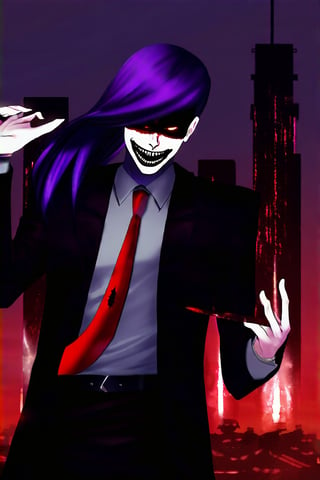 image of entire body of one evil boy, long and straight hair, the boy has a woman face, purple hair with black tips, wearing a black business suit with red tie, black pants, black plate cap in head, straight bangs in all his forehead, evil smile, red eyes, black lips, spikes teeth with open mouth, holding in the right hand a bloodstained kitchen knife, a luminous quartz devastated night city in the background, all her body are bloodstained,