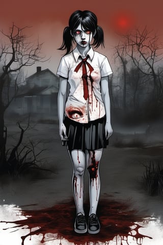 full-length realistic and gothic style image, zombie girl with wounds all over her body, the girl wears a white school shirt, the girl wears a short black school skirt, the girl has black hair, the girl has two ponytails behind from the head, an extra hand comes out of her left elbow, an extra hand comes out of her right elbow, an extra hand comes out of the girl's head, an arm comes out of the girl's back, her left eye is gray, wound gangrenous in the stomach, the girl poses hunched over, the girl has straight bangs on her forehead, her whole body has blood splashes, the background is made of corpses, the sky in the background is foggy and black, macabre ambient,