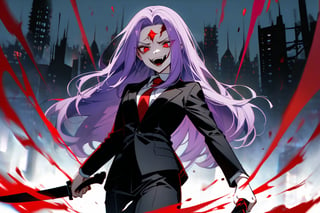 image of entire body of one evil girl, long and straight hair, purple hair with black tips, thin and beautitful face, wearing a black business suit with red tie, black pants, straight bangs in all his forehead, evil smile, red eyes, black lips, spikes teeth with open mouth, holding in the right hand a bloodstained kitchen knife, a luminous quartz devastated night city in the background, all her body are bloodstained,