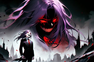 image of entire body of one evil boy, long and straight hair, the boy has a woman face, purple hair with black tips, wearing a black business suit with red tie, black pants, straight bangs in all his forehead, evil smile, red eyes, black lips, spikes teeth with open mouth, holding in the right hand a bloodstained kitchen knife, a luminous quartz devastated night city in the background, all her body are bloodstained,