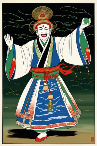 shinto priest, wearing a hyottoko mask, traditional blue priest costume, throwing luminous ghosts into the air, His clothes are decorated with lines of three colors 1 red 2 black 3 green, he carries gold jewelry, black and bloodstained background,