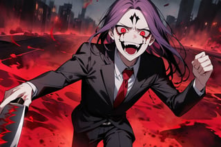 image of entire body of one evil boy, long and straight hair, the boy has a woman face, purple hair with black tips, wearing a black business suit with red tie, black pants, straight bangs in all his forehead, evil smile, red eyes, black lips, spikes teeth with open mouth, holding in the right hand a bloodstained kitchen knife, a luminous quartz devastated night city in the background, all her body are bloodstained,