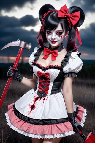 evil lady, black lolita dress with red ruffles, sexy posing, red eyes, in the right hand hold a big metal hammer, red bow on the chest, elegant red lines all over the dress, pink ruffled sleeves, black hair with one ponytail behind the head, the girl wear a white smiling bloodstained mask with red cheeks in his face, straight bangs on the fronthead hair, background of pure corpses, and black sky, all her body are bloodstained,