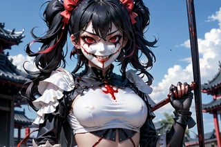 image of entire body, high quality, evil sexy lady, very tiny and tall body, flat stomach, wearing a white tight leotard with black miniskirt, sexy and provocative posing, red eyes, in the right hand hold a big metal hammer, red bow on the chest, elegant red lines in the shores of the leotard, pink ruffled sleeves, black hair, only one large ponytail behind the head, the girl wear a white smiling bloodstained mask with red cheeks in his face, straight bangs on the forehead hair, background of pure corpses, and black sky, all her body are bloodstained,