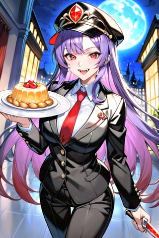 image of entire body of one evil boy, long and straight hair, the boy has a woman face, purple hair with black tips, wearing a black business suit with red tie, black pants, black plate cap in head, straight bangs in all his forehead, evil smile, red eyes, black lips, spikes teeth with open mouth, holding in the right hand a bloodstained kitchen knife, a luminous quartz devastated night city in the background, all her body are bloodstained,