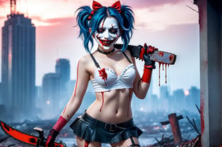 image of entire body of one evil and sexy girl, high quality, very tiny and tall body, flat stomach, wearing a white tight leotard with black miniskirt, sexy and provocative posing, red eyes, in the right hand hold a chainsaw, red bow on the chest, elegant red lines in the shores of the leotard, pink ruffled sleeves, blue hair, a messy and short ponytail behind the head, one eye covered by her hair, the girl wear a white smiling bloodstained mask with red cheeks in his face, a luminous quartz devastated night city in the background, all her body are bloodstained,