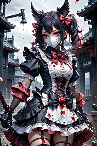 evil lady, black lolita dress with red ruffles, sexy posing, red eyes, in the right hand hold a big metal hammer, red bow on the chest, elegant red lines all over the dress, pink ruffled sleeves, black hair with one ponytail behind the head, the girl wear a white smiling bloodstained mask with red cheeks in his face, straight bangs on the fronthead hair, background of pure corpses, and black sky, all her body are bloodstained,