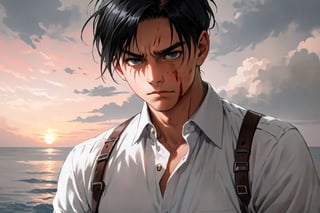 Levi Ackerman,, short hair, black hair, dull black eyes,  intense gaze, pure white collared shirt,(black eye bandage on righteye), (AttackonTitan, wearing Omni-directional mobility gear), fit body, 34 years old, charming, alluring, dejected, depressed, sad, calm eyes, (standing), (upper body in frame), simple background, endless ocean, pink cloudy sky, dawn, 1910s harbor, only1 image, perfect anatomy, perfect proportions, perfect perspective, 8k, HQ,  look at viewer, scars on face, weathered, wounds, blood