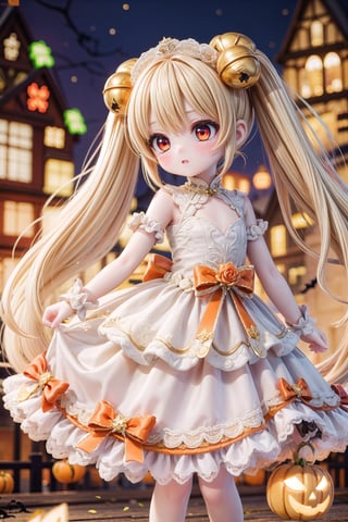 Yaoyao_Impact, red eyes, very long blonde hair, twintails, full_body, sleigh bell, blurry_background, loli, blush, halloween theme, (((orange wedding_dress))), orange shoes,