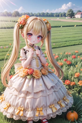 Yaoyao_Impact, red eyes, very long blonde hair, twintails, full_body, sleigh bell, blurry_background, loli, blush, (field of flowers), (((orange wedding_dress))), orange shoes, standing_up,