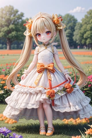 Yaoyao_Impact, red eyes, very long blonde hair, twintails, full_body, sleigh bell, blurry_background, loli, blush, (field of flowers), (((orange wedding_dress))), orange shoes, standing_up,