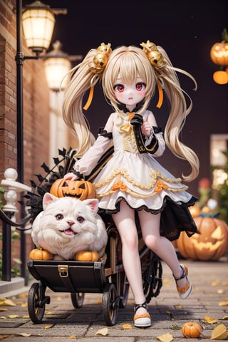 Yaoyao_Impact, red eyes, very long blonde hair, twintails, full_body, sleigh bell, blurry_background, loli, blush, halloween theme, ((orange wedding_dress)), orange shoes,