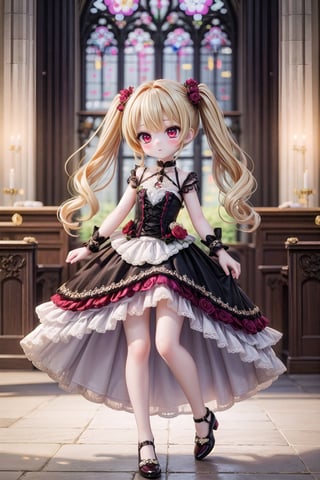 Yaoyao_Impact, red eyes, very long blonde hair, twintails, full_body, sleigh bell, blurry_background, loli, blush, (((dark gothic cathedral interior))), (((magenta wedding_dress))), (magenta shoes),