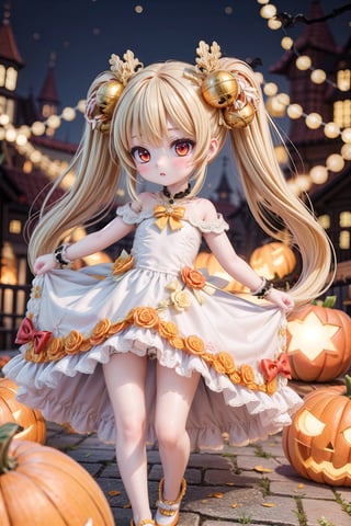 Yaoyao_Impact, red eyes, very long blonde hair, twintails, full_body, sleigh bell, blurry_background, loli, blush, halloween theme, ((orange wedding_dress)), orange shoes,