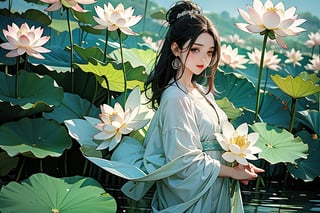 lower view , ,  masterpiece,  front view , 1girl,  masterpiece, best quality, beautiful, the lotus pond ,  flowers lotus, (((background lotus leaf))), water, from_front ,lotus lake,  Lotus leaf,fullcolor vibrant colorbest quality, ultra detailed, absurdres):1.5) ,1girl, beautiful ,  flowers lotus,lotus leaf, water, from_front ,dream_girl,lotus lake,  Lotus leaf,Sexy_attire , fullcolor vibrant color