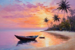 a dawn at sea. The sky is a combination of soft pinks, oranges and purples, reflecting off the calm water below. In the distance, several small boats gently float towards the horizon. In the foreground is a sandy beach with a few palm leaves swaying gently in the wind, adding a touch of tropical tranquility to the scene. The entire composition exudes a peaceful atmosphere of early morning, inviting viewers to immerse themselves in the natural beauty of the moment. painted with thick brush strokes and palette knives in an impressionist style