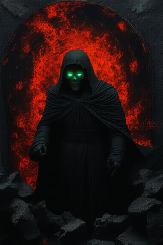 Extreme full body portrait of a Infernal Grim reaper the Lord of Terror, complex construction, Abstract background with chaotic intersected relief circles pattern over old black stones texture, 12K, HD, hyper detailed in burning hell, (piercing green flame eyes)+, vibrant colors, masterpiece, 12K, UHD, upperbody portrait, depth of field, 12K, HD, ultra high definition,