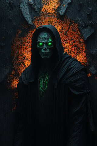 Extreme full body portrait of a Infernal Grim reaper, complex construction, Abstract background with chaotic intersected relief circles pattern over old black stones texture, 12K, HD, hyper detailed in burning hell, (piercing green flame eyes)+, vibrant colors, masterpiece, 12K, UHD, upperbody portrait, depth of field, 12K, HD, ultra high definition,