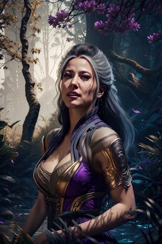 A majestic close-up of Sindel's upper body, spotlighting the ornate details of her purple and black attire, radiates confidence amidst an enchanted forest bathed in soft golden light. Her striking features, including iconic gray hair flowing like moonlit rivulets, command attention as towering trees loom in the background, their twisted branches weaving a hypnotic dance of twigs and leaves.