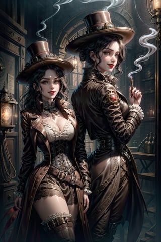 A steampunk vampire stands at an angle, their smile subtly upturned as they gaze away from the camera. The wind whips through their long, dark hair, and their red lips curve upwards in a sly grin. Their eyes smolder with a hint of smoke, adding to their mysterious allure. A wide-brimmed hat is clasped tightly around their head, while a leather trench-coat drapes elegantly down their back, cinched at the narrow waist by multiple belts adorned with intricate buckles. The laced corset adds a touch of Victorian flair, and their pale skin seems to glow in contrast to the dark surroundings. The steampunk scenery is alive with intricate detail, as gears and clockwork mechanisms whir and tick in the background.