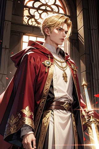 A majestic shot of a handsome Cleric of Light, short, blonde hair. His piercing amber eyes gleam with an otherworldly intensity as he stands tall, wielding a holy sword. He wears a red cloak, white and gold robes, the intricate embroidery and flowing silks accentuating his regal bearing and strong muscles. The air is thick with an aura of mystique and power as he surveys Sune's Temple.