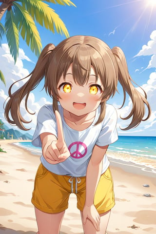 loli hypnotized, happy_face, yellow eyes, brown hair, front_view, twin_tails, beach, white shirt, yellow short pants, crouched, peace fingers