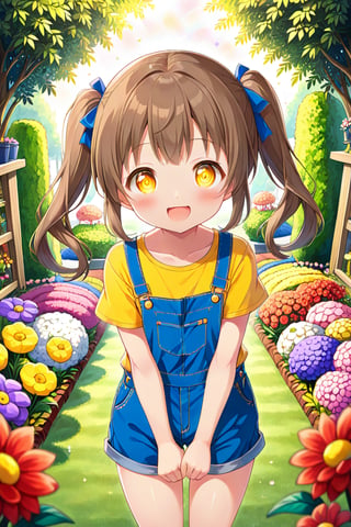 loli hypnotized, happy_face, yellow eyes, brown hair, front_view, twin_tails, flowers garden, yellow shirt, blue overalls, 