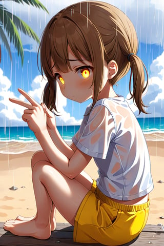 loli hypnotized, sad_face, yellow eyes, brown hair, side_view, twin_tails, rain beach, white shirt, yellow short pants, sitting, peace fingers